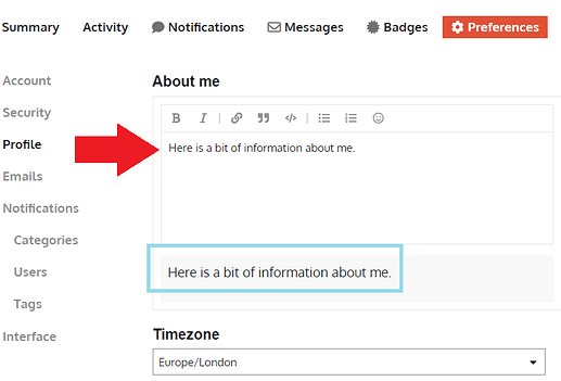 Arrow indicating the location of the 'About me' section