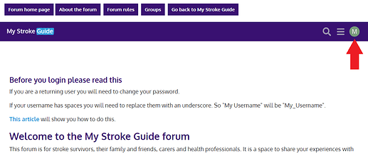 Arrow pointing to user icon or initial in top right corner of the forum